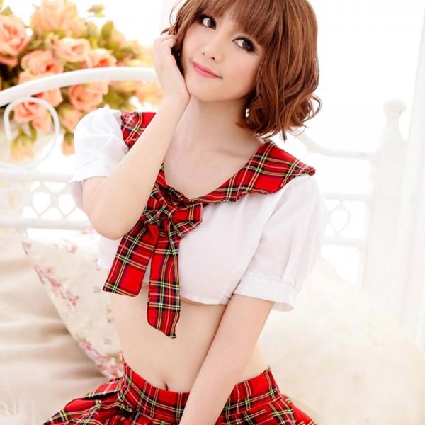 School Girl Plaid Uniform Adult Costume Women's Lingerie Set Red & White
