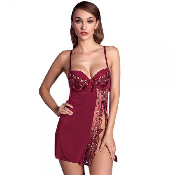 Erotic Side-Open Lingerie Underwire Lace Bra Dress Maroon