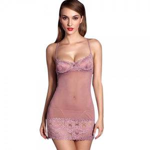 Underwear Lace Bra Perspective Dress with G-String Light Purple