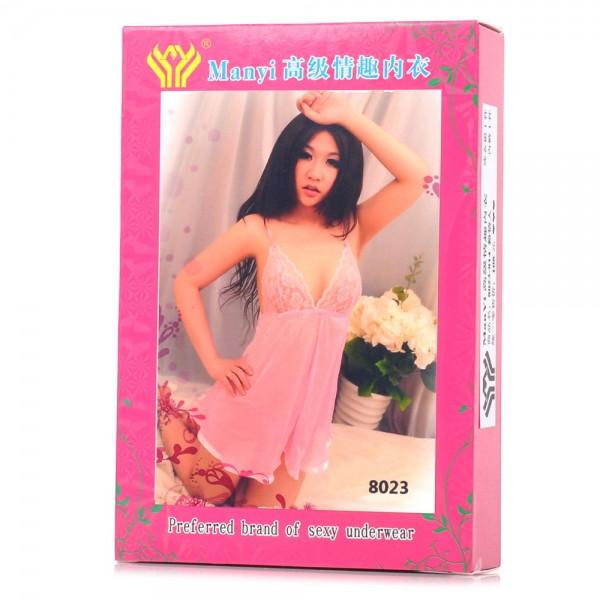 Glossy Deep V-neck Lace Women's Lingerie Pink