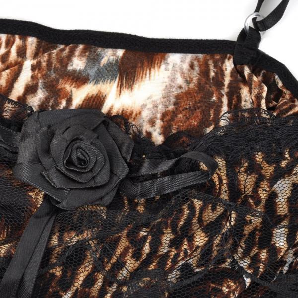Leopard Print Dress Sleepwear Lingerie with G-string Brown & Black