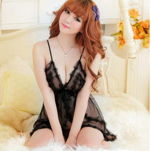 Sheer Floral Lace Trim Deep V-Neck Babydoll & G-String Women's Lingerie Set
